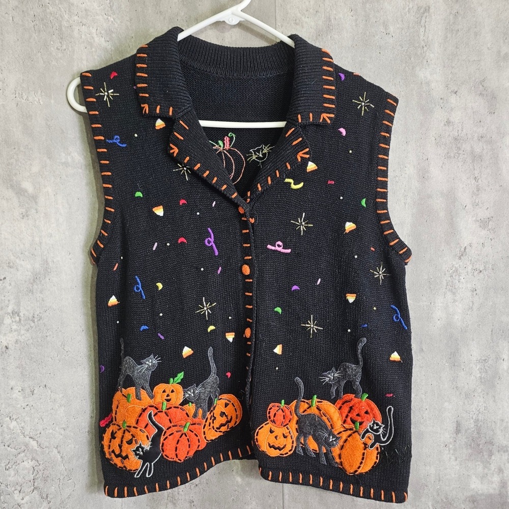 Vintage Halloween Sweater Vest Black Cat Pumpkin Jack-o-Lantern Embroidery M